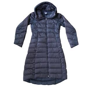 Patagonia Goose Down Full Length Coat Women Sz XS Black Goose Down Hood